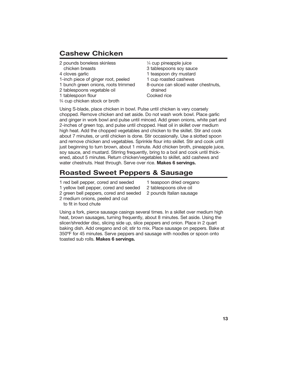 Cashew chicken, Roasted sweet peppers & sausage | Hamilton Beach 840067300 User Manual | Page 13 / 17