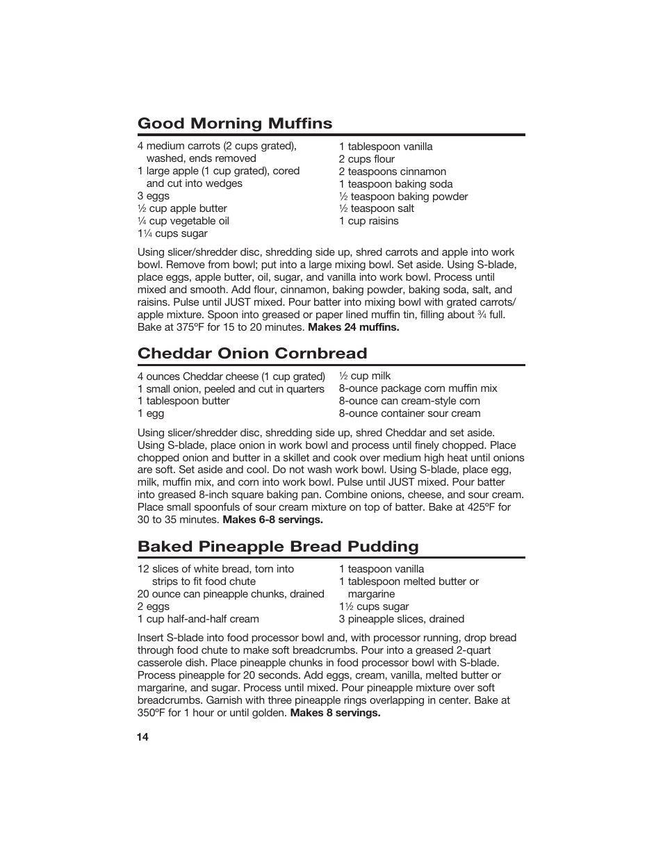 Good morning muffins, Cheddar onion cornbread, Baked pineapple bread pudding | Hamilton Beach 840067300 User Manual | Page 14 / 17