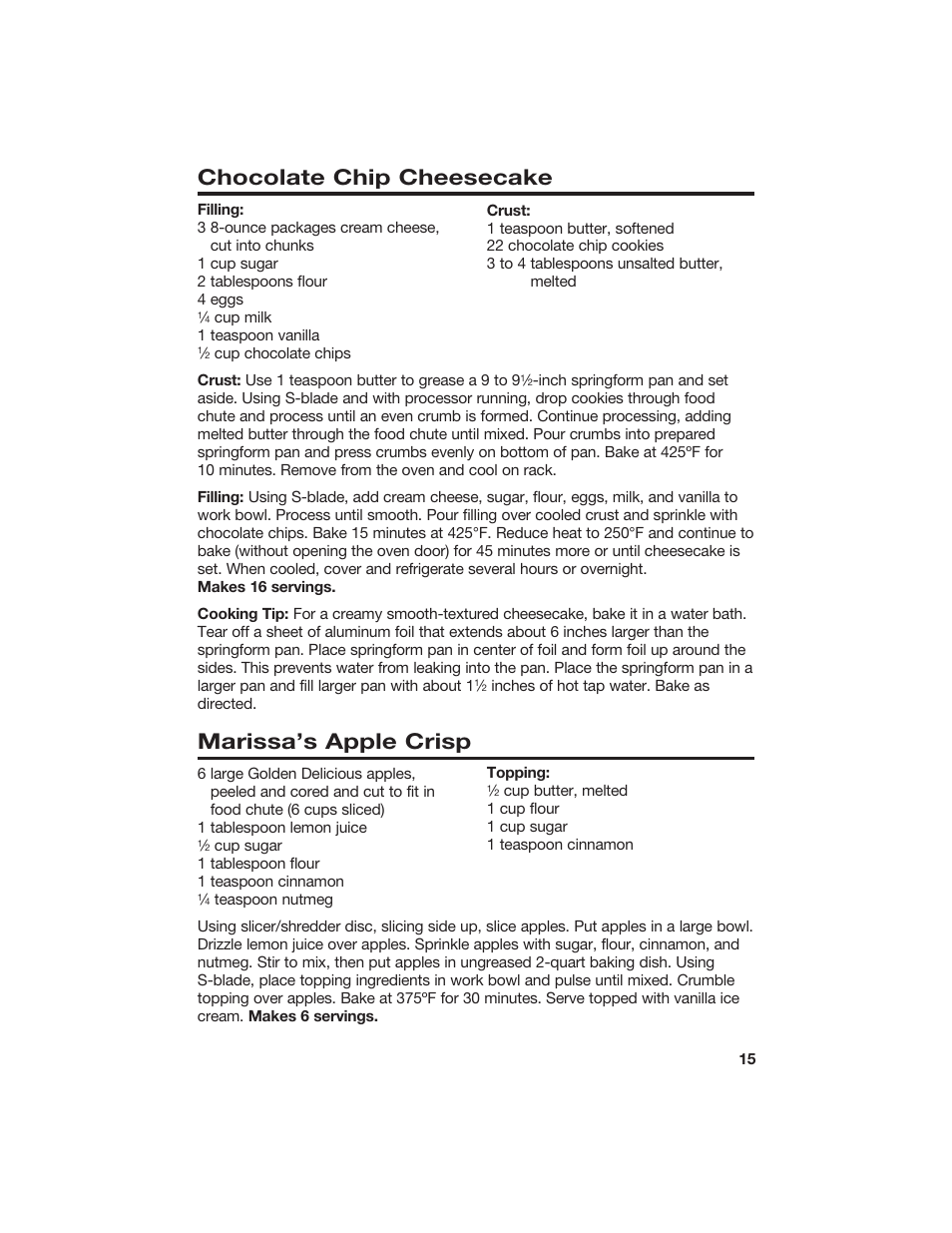 Chocolate chip cheesecake, Marissa’s apple crisp | Hamilton Beach 840067300 User Manual | Page 15 / 17