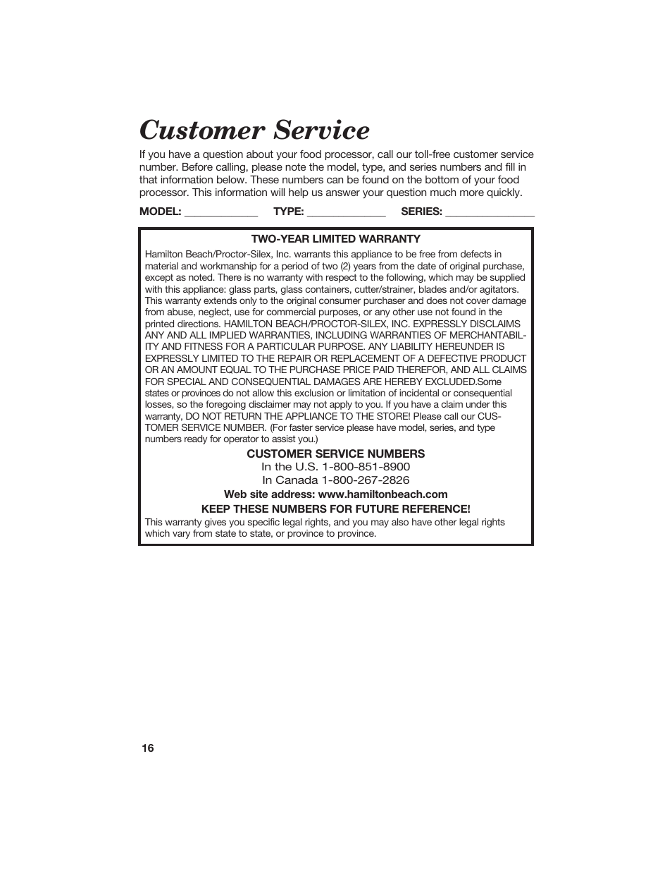 Customer service | Hamilton Beach 840067300 User Manual | Page 16 / 17