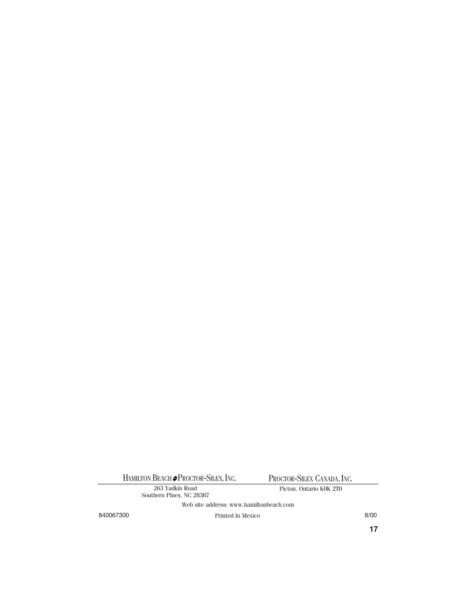 Hamilton Beach 840067300 User Manual | Page 17 / 17