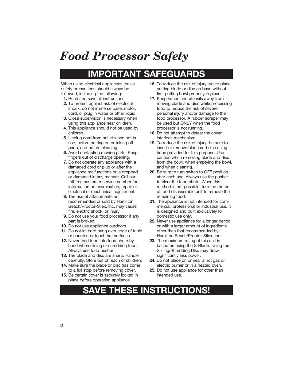 Food processor safety, Important safeguards save these instructions | Hamilton Beach 840067300 User Manual | Page 2 / 17