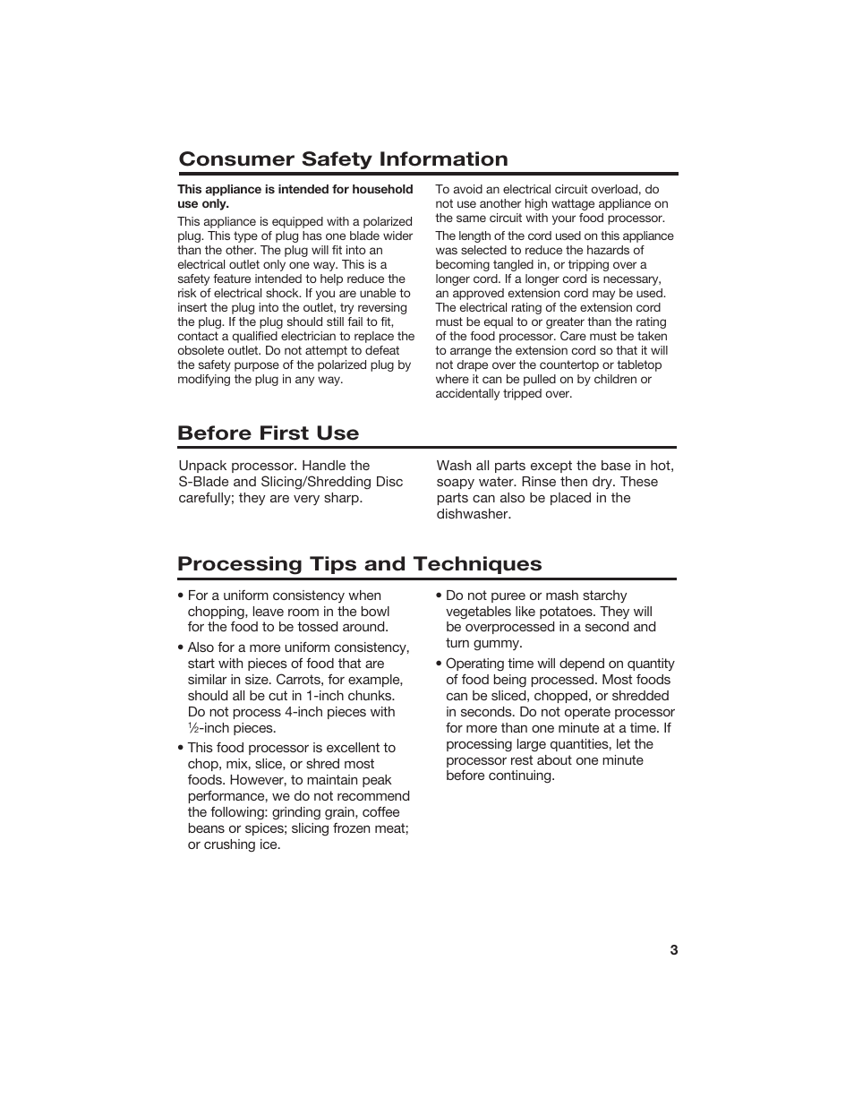 Consumer safety information, Before first use, Processing tips and techniques | Hamilton Beach 840067300 User Manual | Page 3 / 17