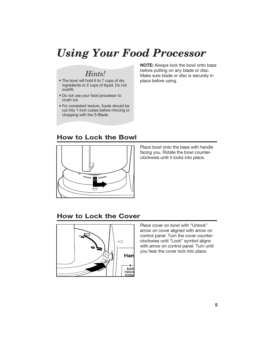 Using your food processor, Hints | Hamilton Beach 840067300 User Manual | Page 5 / 17