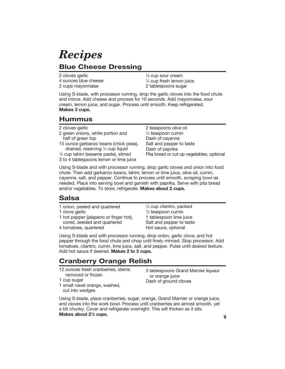 Recipes, Blue cheese dressing, Hummus | Salsa, Cranberry orange relish | Hamilton Beach 840067300 User Manual | Page 9 / 17