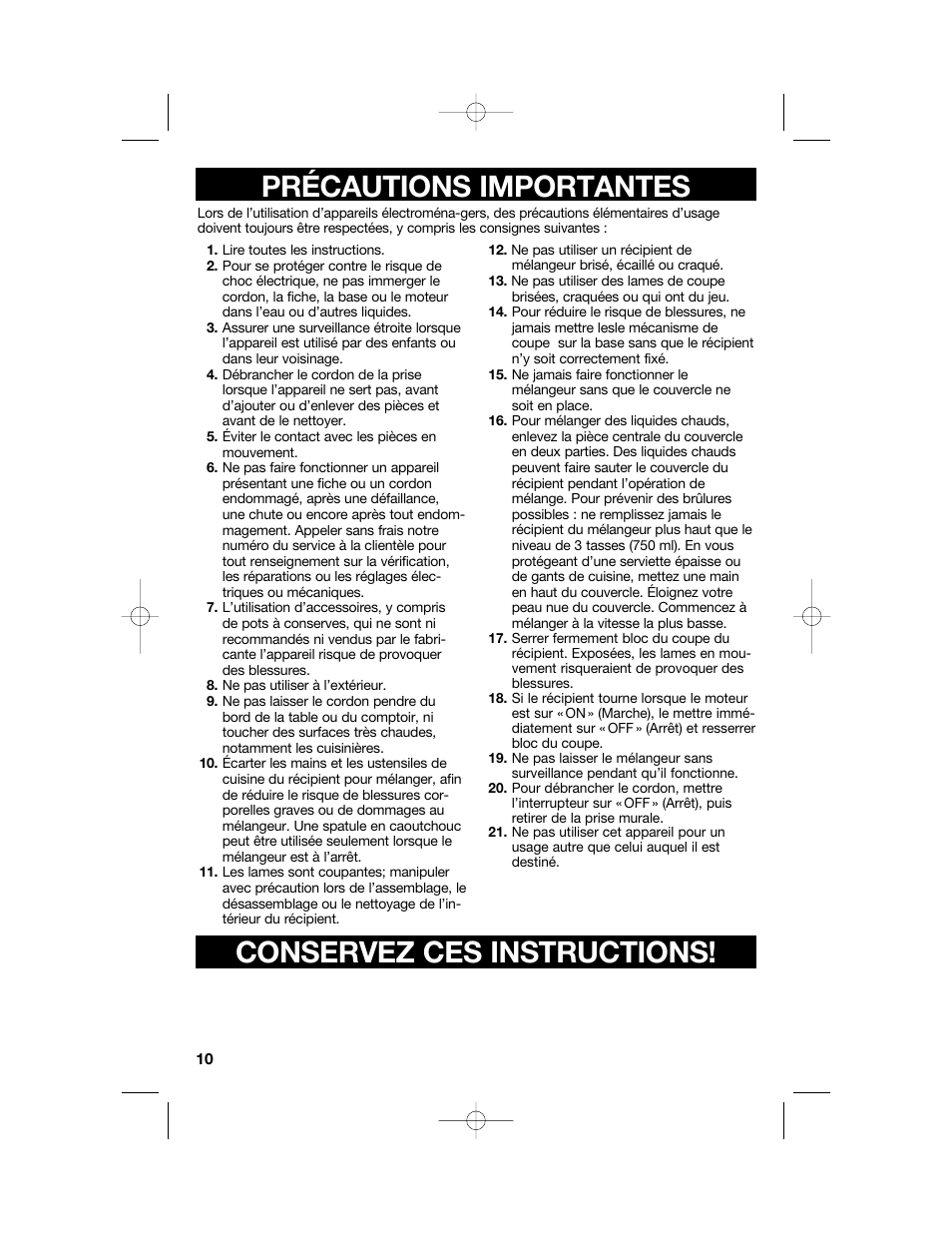 Conservez ces instructions, Précautions importantes | Hamilton Beach 54616C User Manual | Page 10 / 28