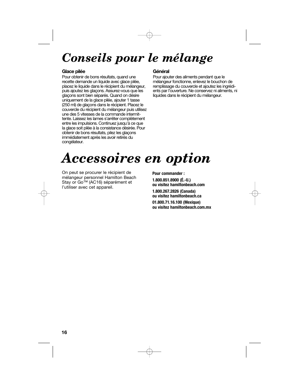 Accessoires en option, Conseils pour le mélange | Hamilton Beach 54616C User Manual | Page 16 / 28