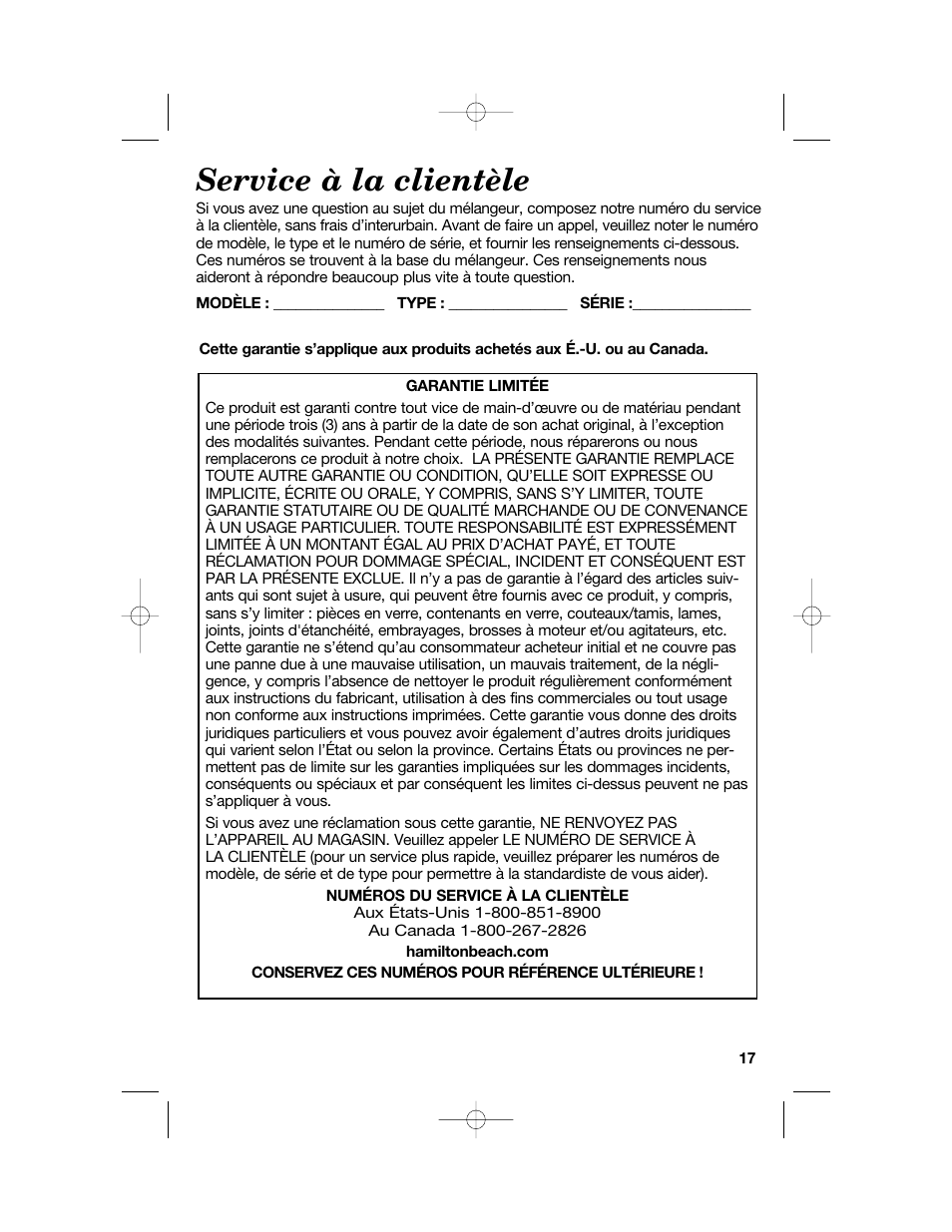 Service à la clientèle | Hamilton Beach 54616C User Manual | Page 17 / 28