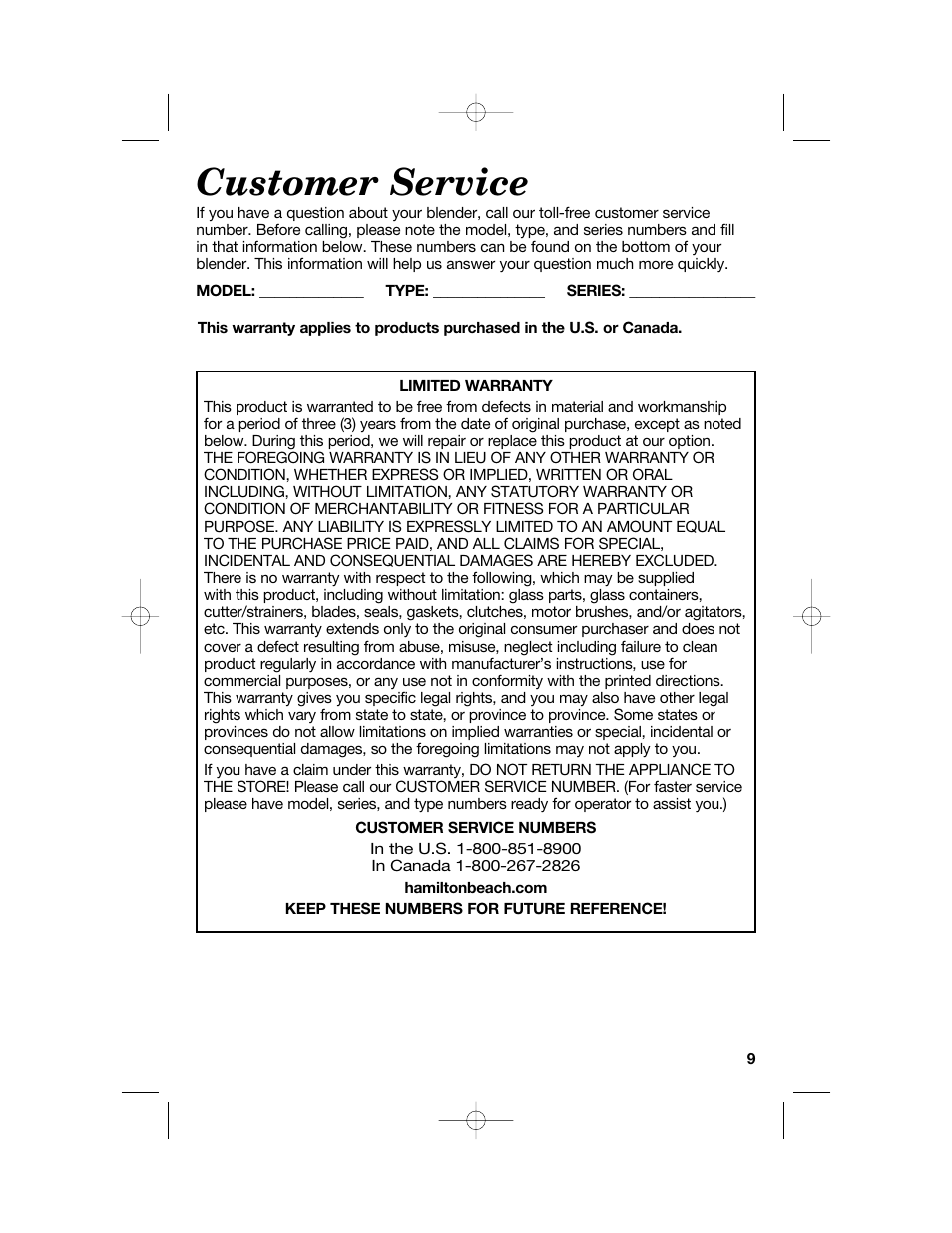 Customer service | Hamilton Beach 54616C User Manual | Page 9 / 28