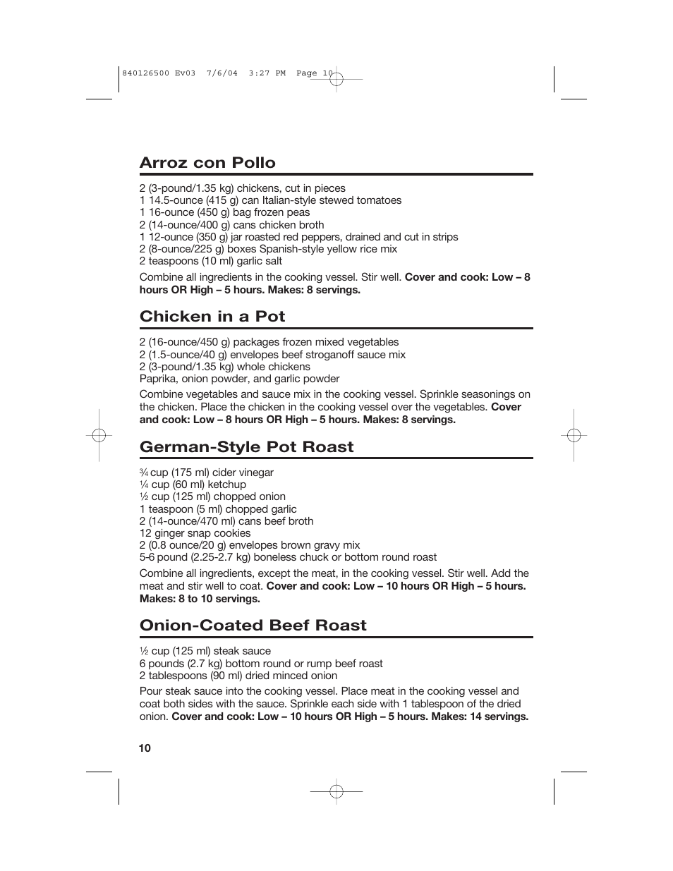 Main dish, Arroz con pollo, Chicken in a pot | German-style pot roast, Onion-coated beef roast | Hamilton Beach 33260 User Manual | Page 10 / 36