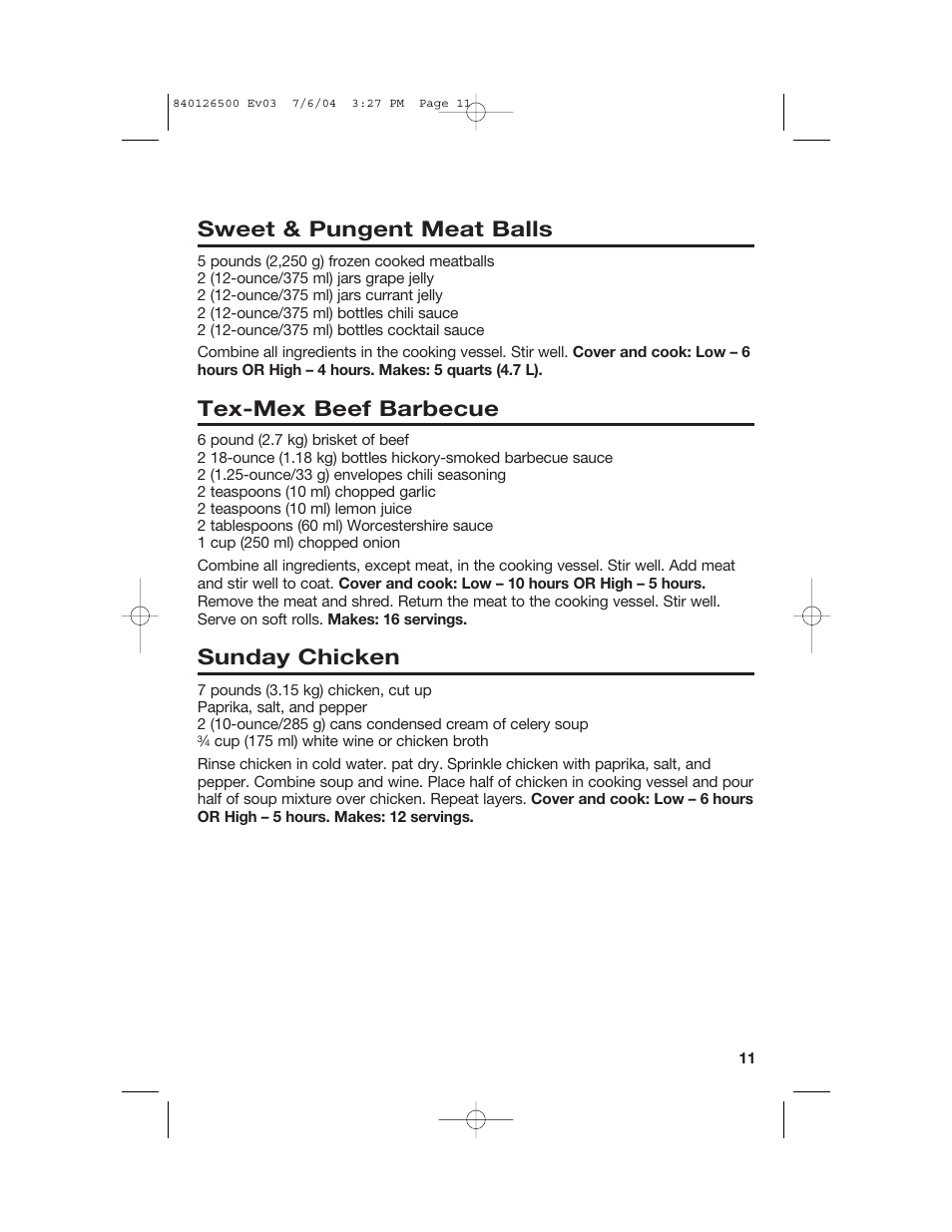 Main dish, Sweet & pungent meat balls, Tex-mex beef barbecue | Sunday chicken | Hamilton Beach 33260 User Manual | Page 11 / 36