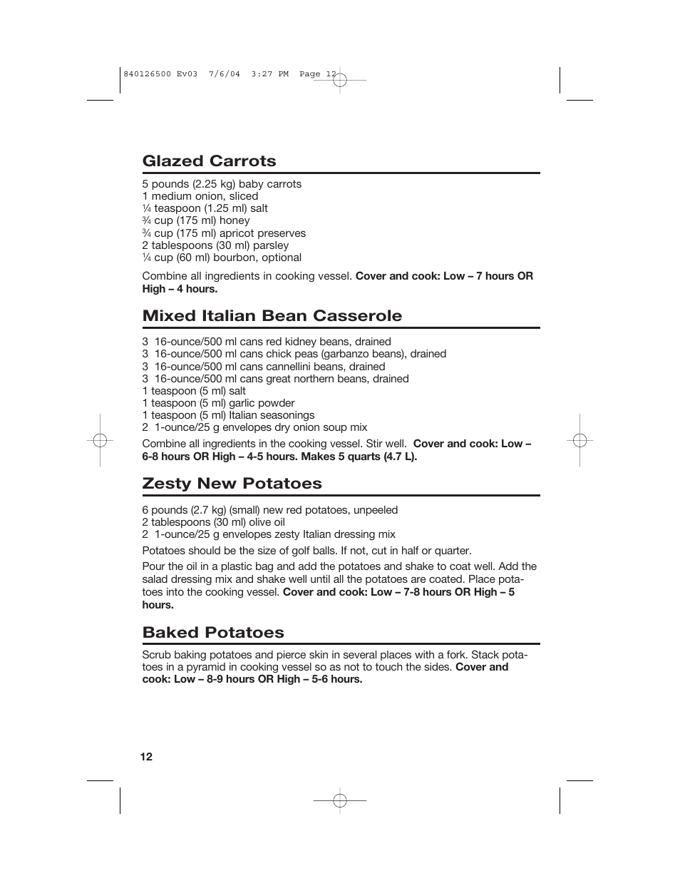 Side dishes, Glazed carrots, Mixed italian bean casserole | Zesty new potatoes, Baked potatoes | Hamilton Beach 33260 User Manual | Page 12 / 36