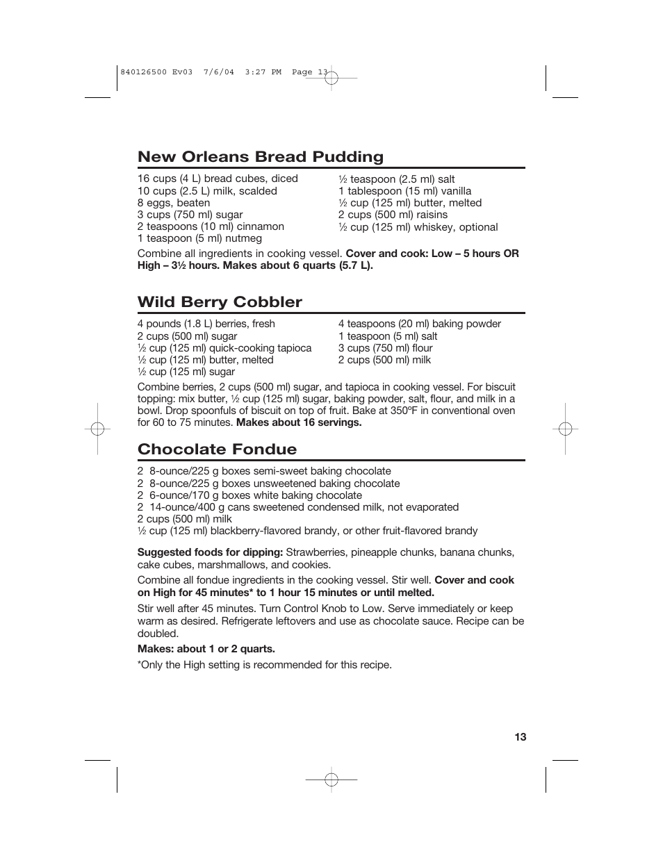 Desserts, New orleans bread pudding, Wild berry cobbler | Chocolate fondue | Hamilton Beach 33260 User Manual | Page 13 / 36
