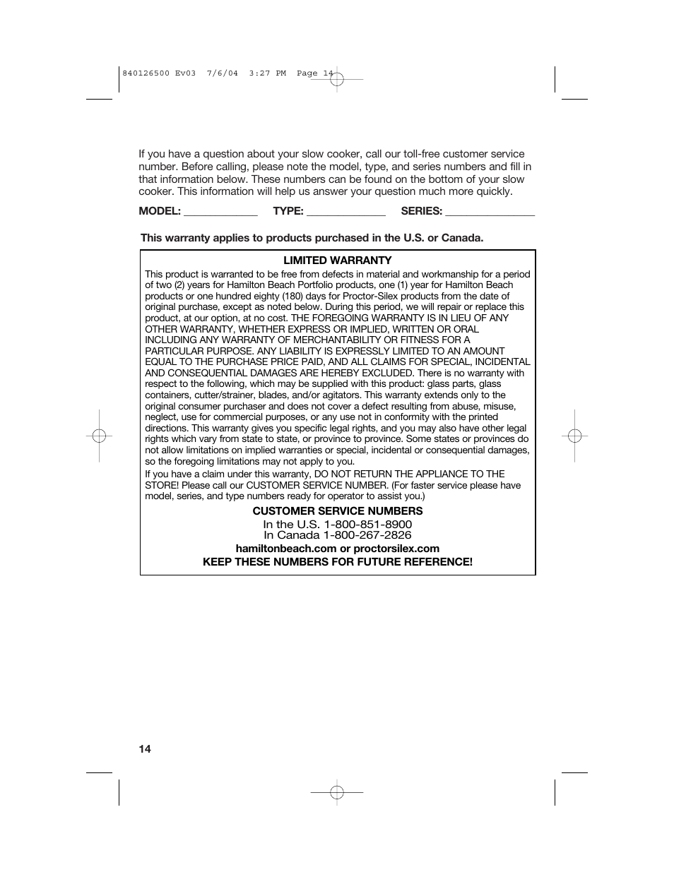 Customer service | Hamilton Beach 33260 User Manual | Page 14 / 36