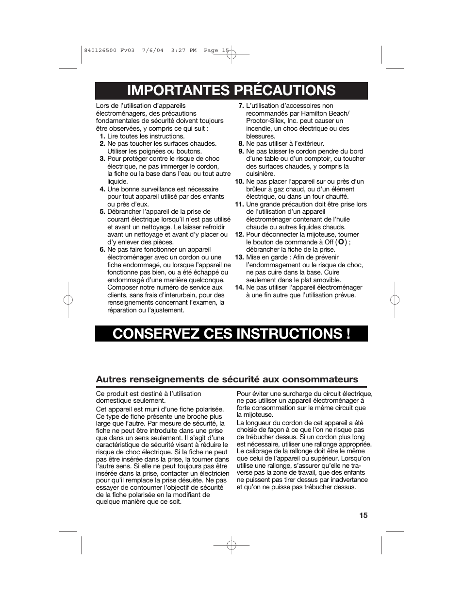 Importantes précautions conservez ces instructions | Hamilton Beach 33260 User Manual | Page 15 / 36