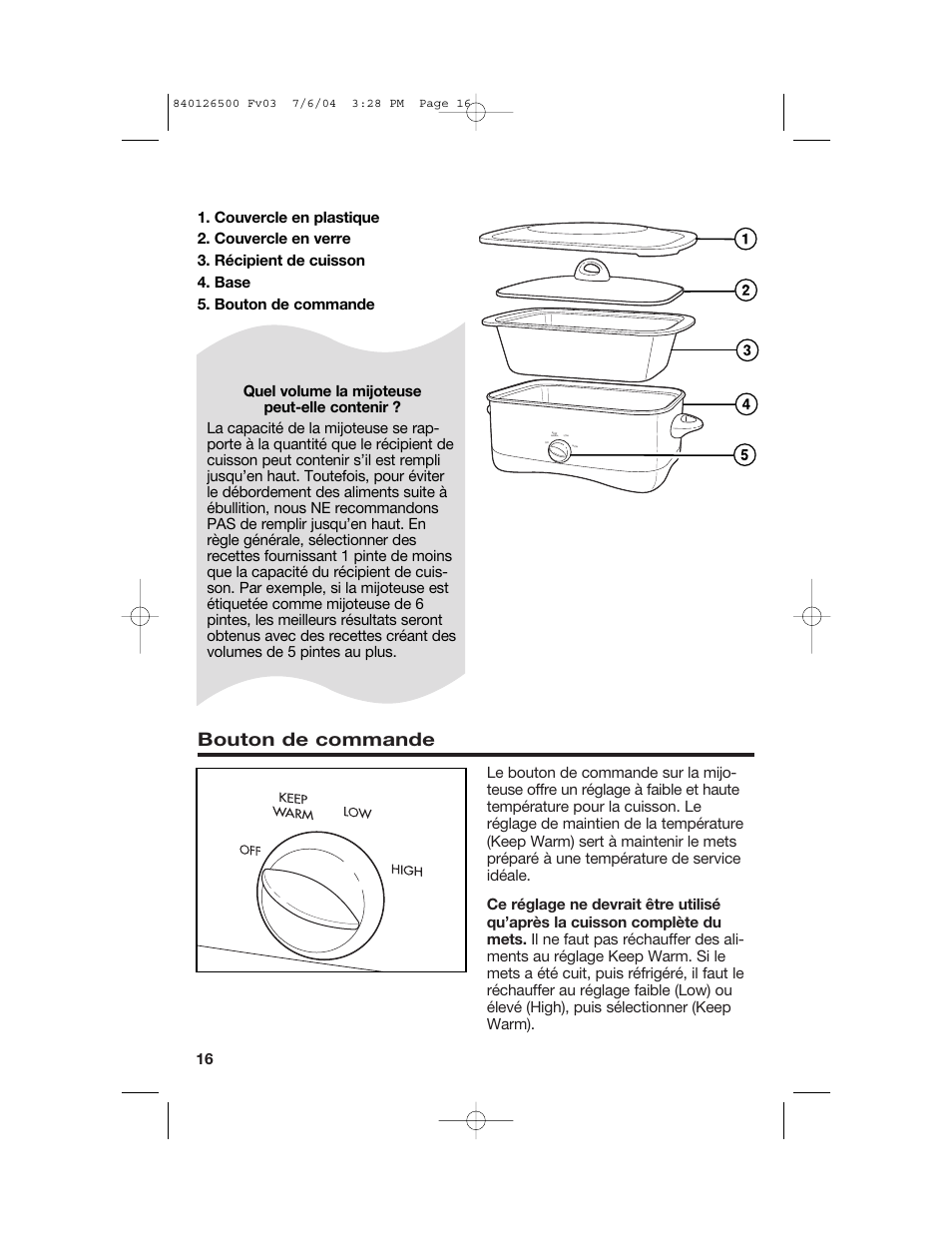 Pièces et caractéristiques, Capacité, Bouton de commande | Hamilton Beach 33260 User Manual | Page 16 / 36