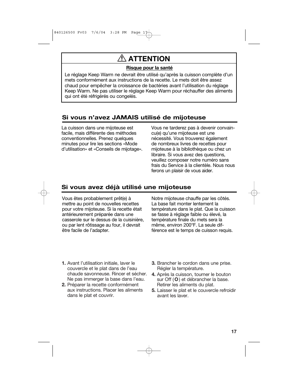 Mode d’utilisation de la mijoteuse, Attention | Hamilton Beach 33260 User Manual | Page 17 / 36