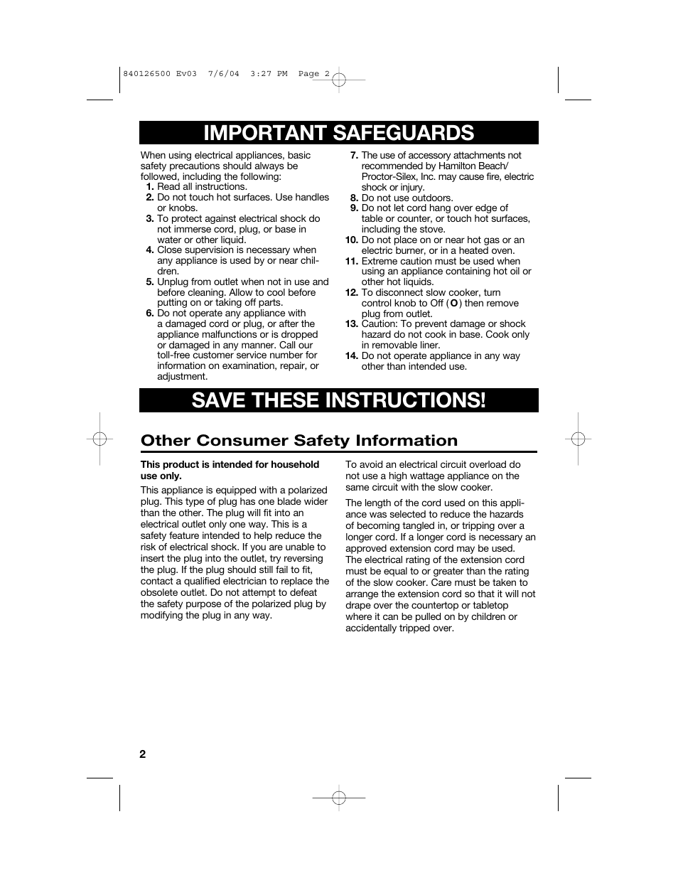 Important safeguards save these instructions, Other consumer safety information | Hamilton Beach 33260 User Manual | Page 2 / 36