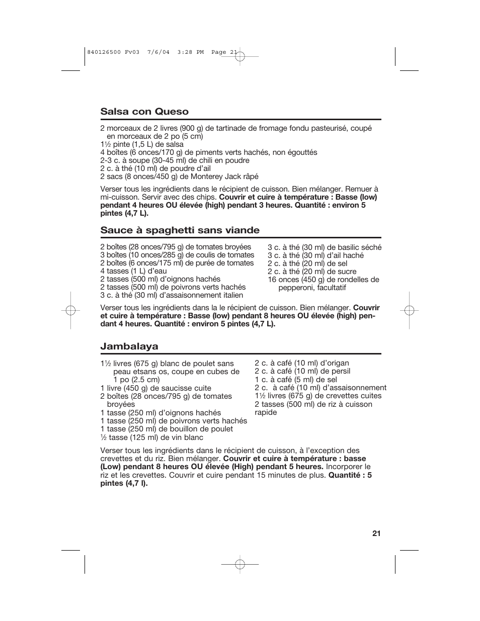 Recettes, Salsa con queso, Sauce à spaghetti sans viande | Jambalaya | Hamilton Beach 33260 User Manual | Page 21 / 36