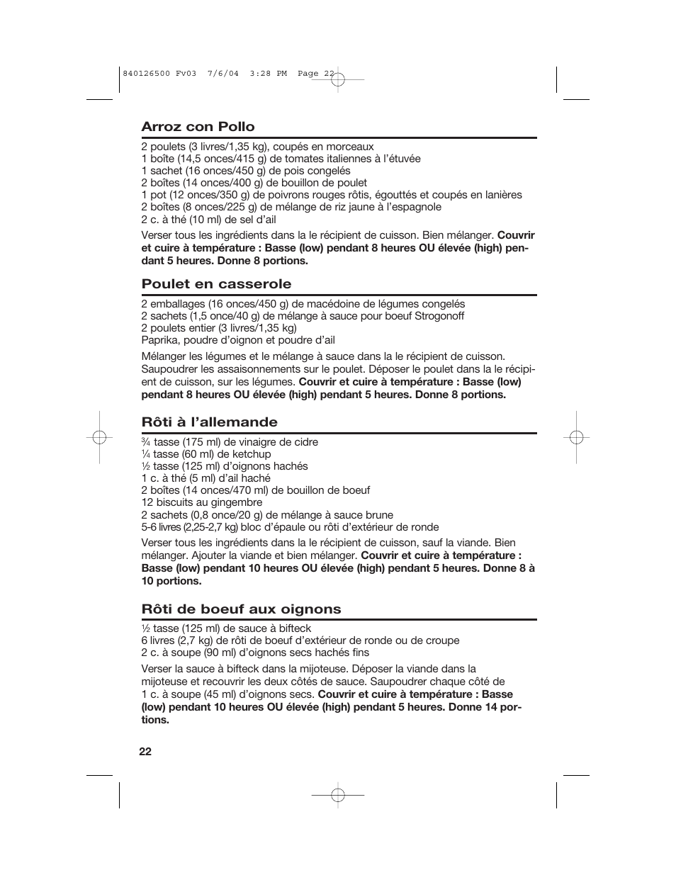 Arroz con pollo, Poulet en casserole, Rôti à l’allemande | Rôti de boeuf aux oignons | Hamilton Beach 33260 User Manual | Page 22 / 36