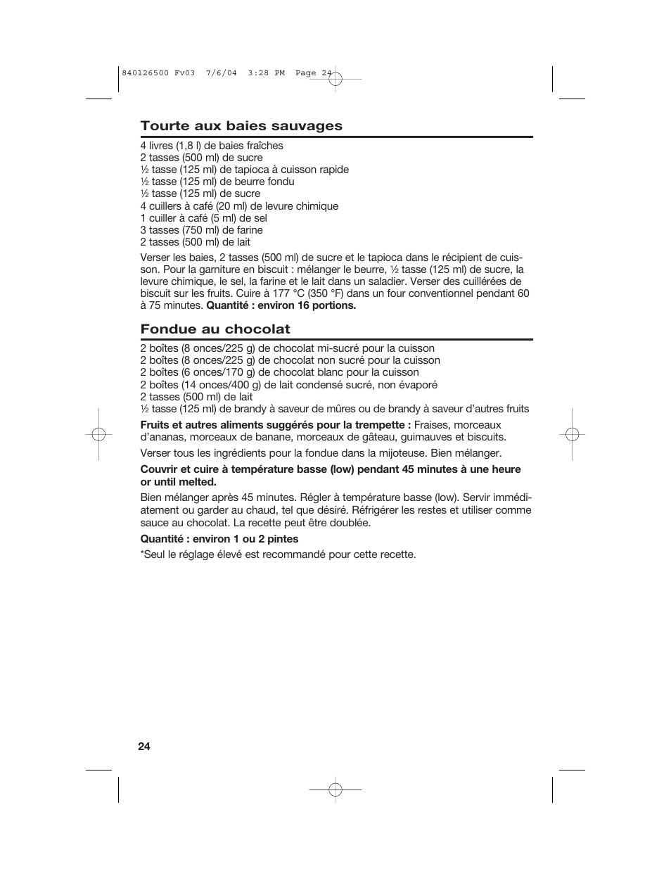 Tourte aux baies sauvages, Fondue au chocolat | Hamilton Beach 33260 User Manual | Page 24 / 36