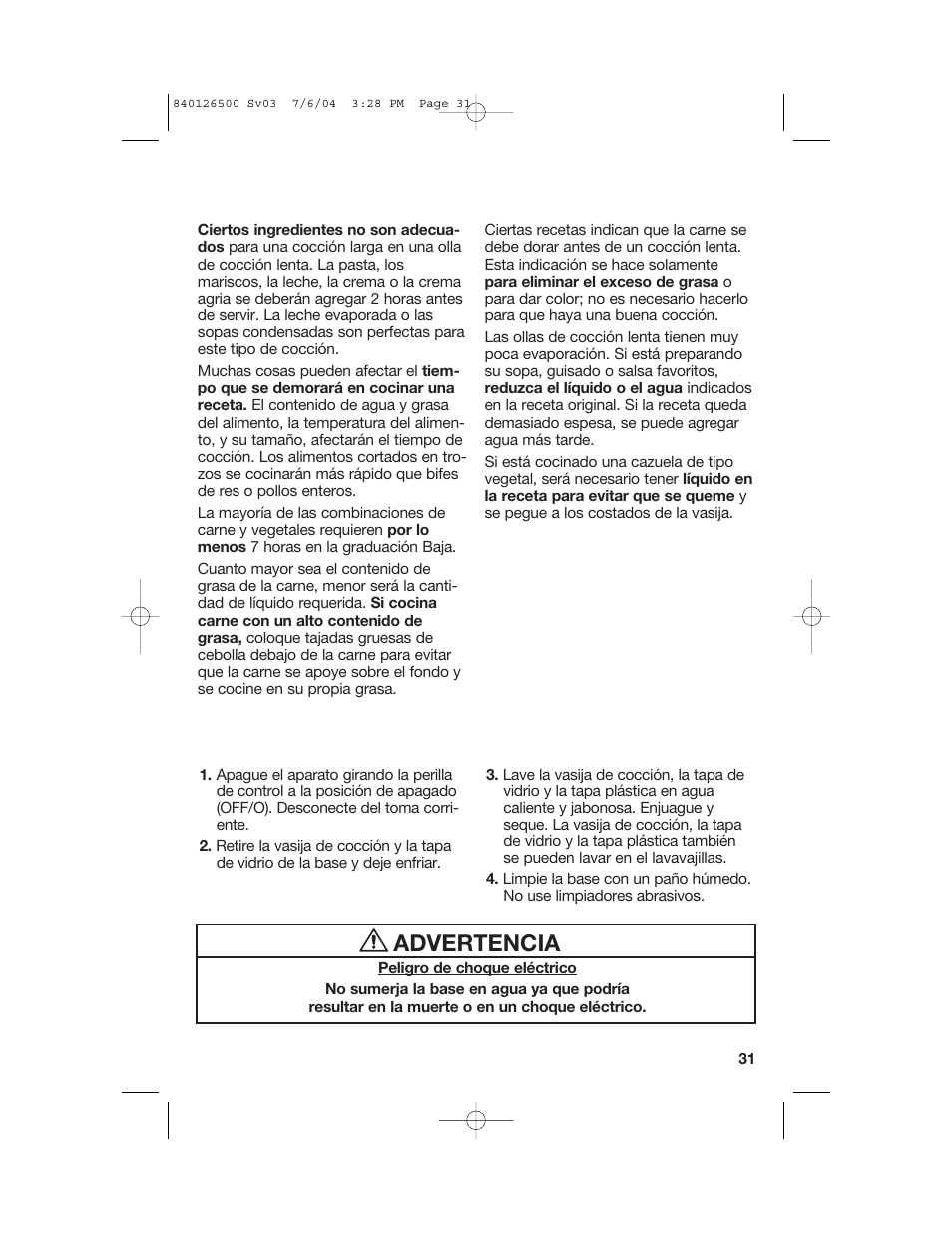 Adaptación de recetas, Limpieza, Advertencia | Hamilton Beach 33260 User Manual | Page 31 / 36