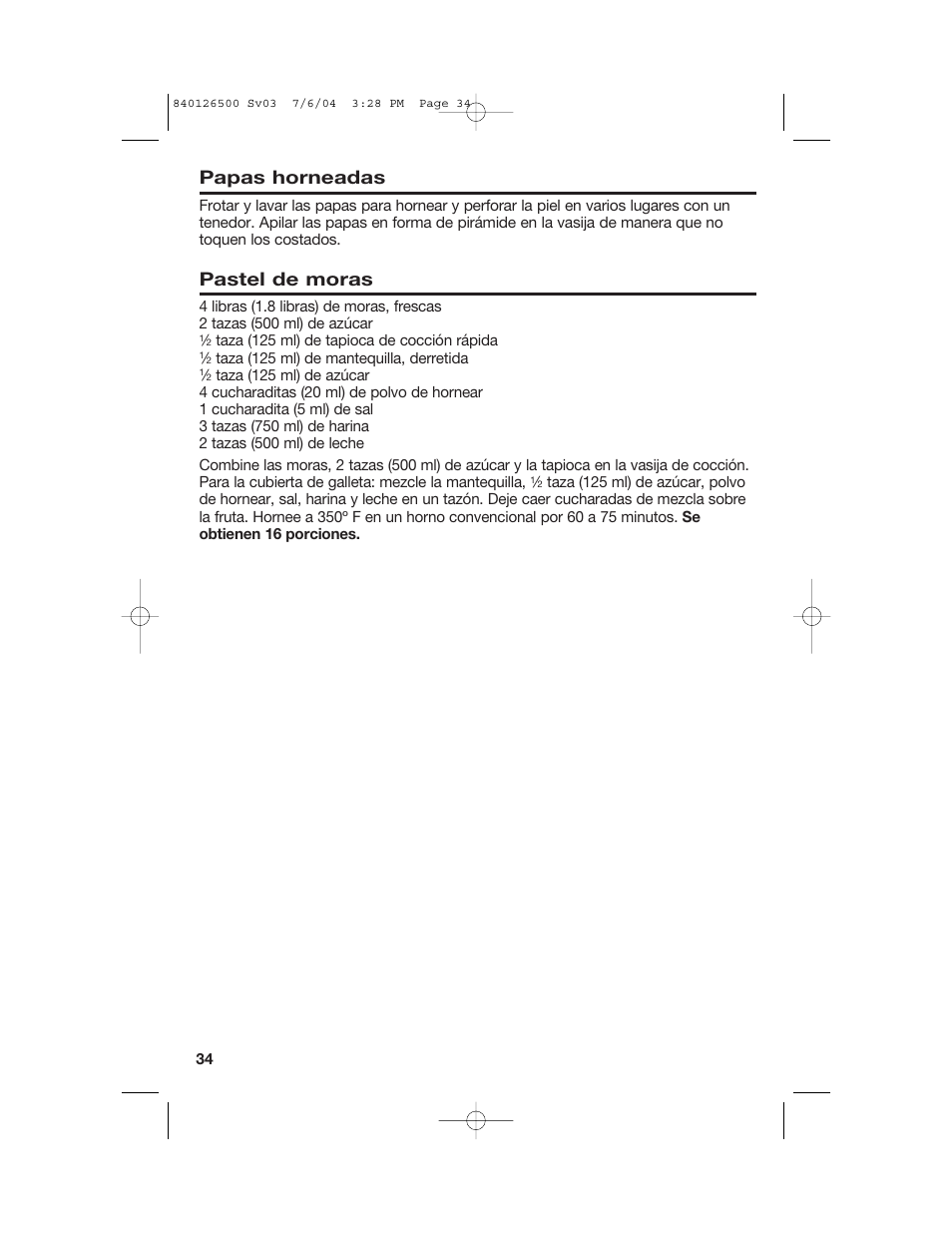 Papas horneadas, Pastel de moras | Hamilton Beach 33260 User Manual | Page 34 / 36