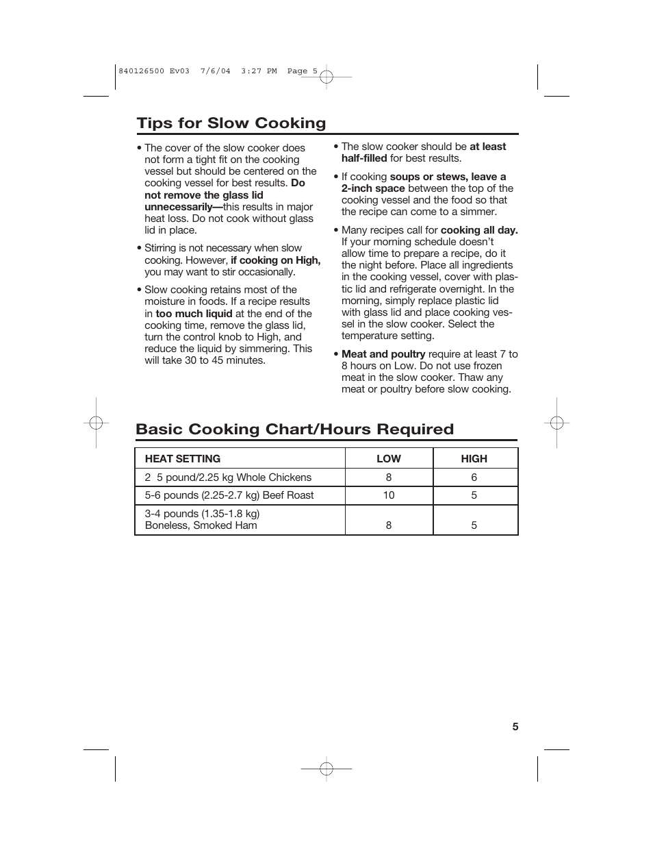 Basic cooking chart/hours required, Tips for slow cooking | Hamilton Beach 33260 User Manual | Page 5 / 36