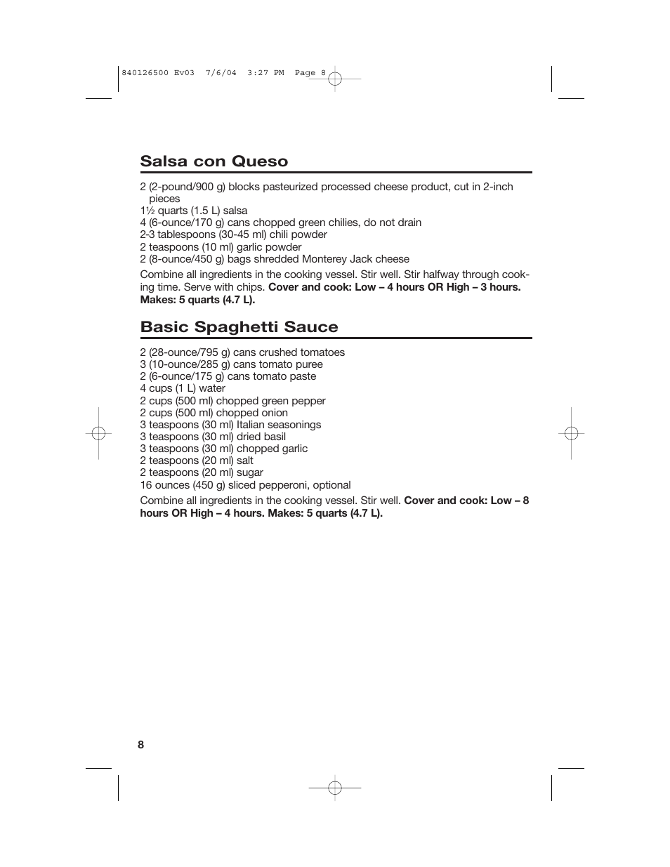 Dips and sauces, Salsa con queso, Basic spaghetti sauce | Hamilton Beach 33260 User Manual | Page 8 / 36