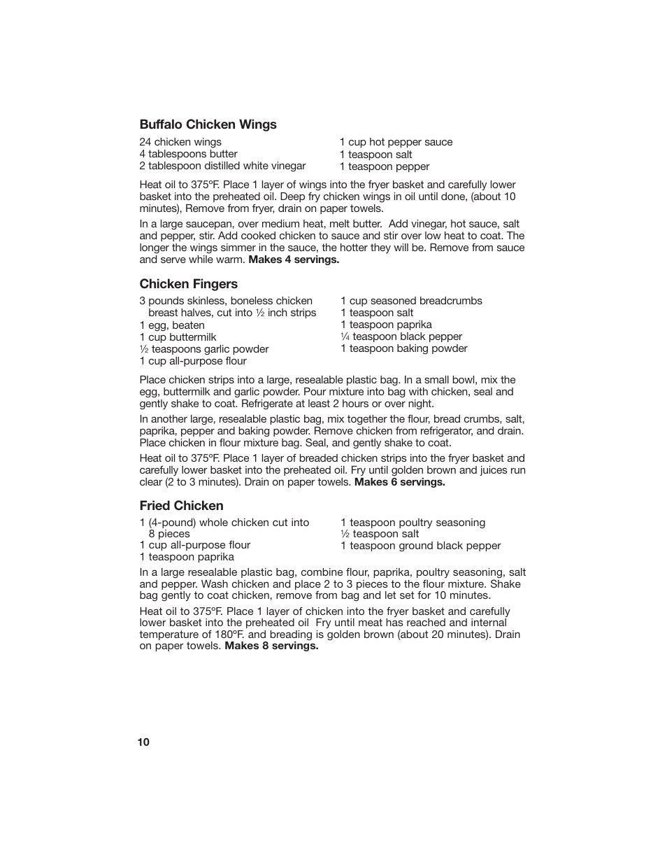 Buffalo chicken wings, Chicken fingers, Fried chicken | Hamilton Beach 840113900 User Manual | Page 10 / 18