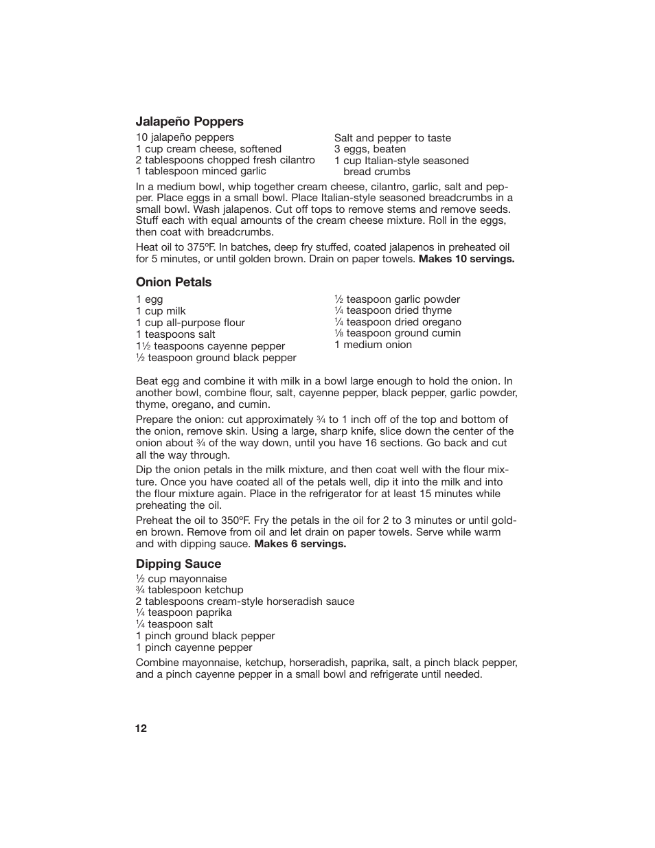Jalapeño poppers, Onion petals, Dipping sauce | Hamilton Beach 840113900 User Manual | Page 12 / 18