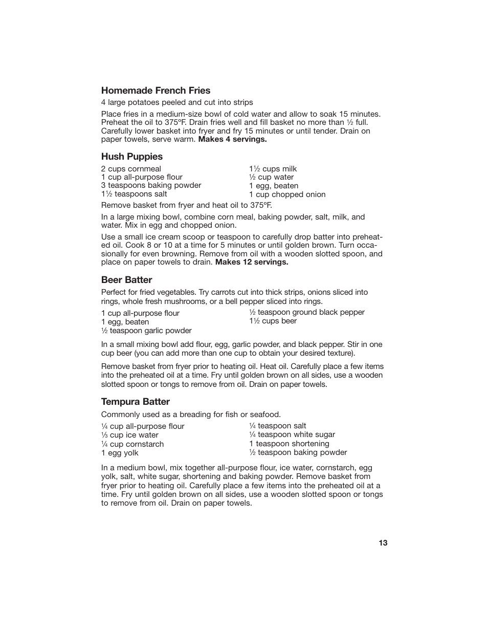 Homemade french fries, Hush puppies, Beer batter | Tempura batter | Hamilton Beach 840113900 User Manual | Page 13 / 18