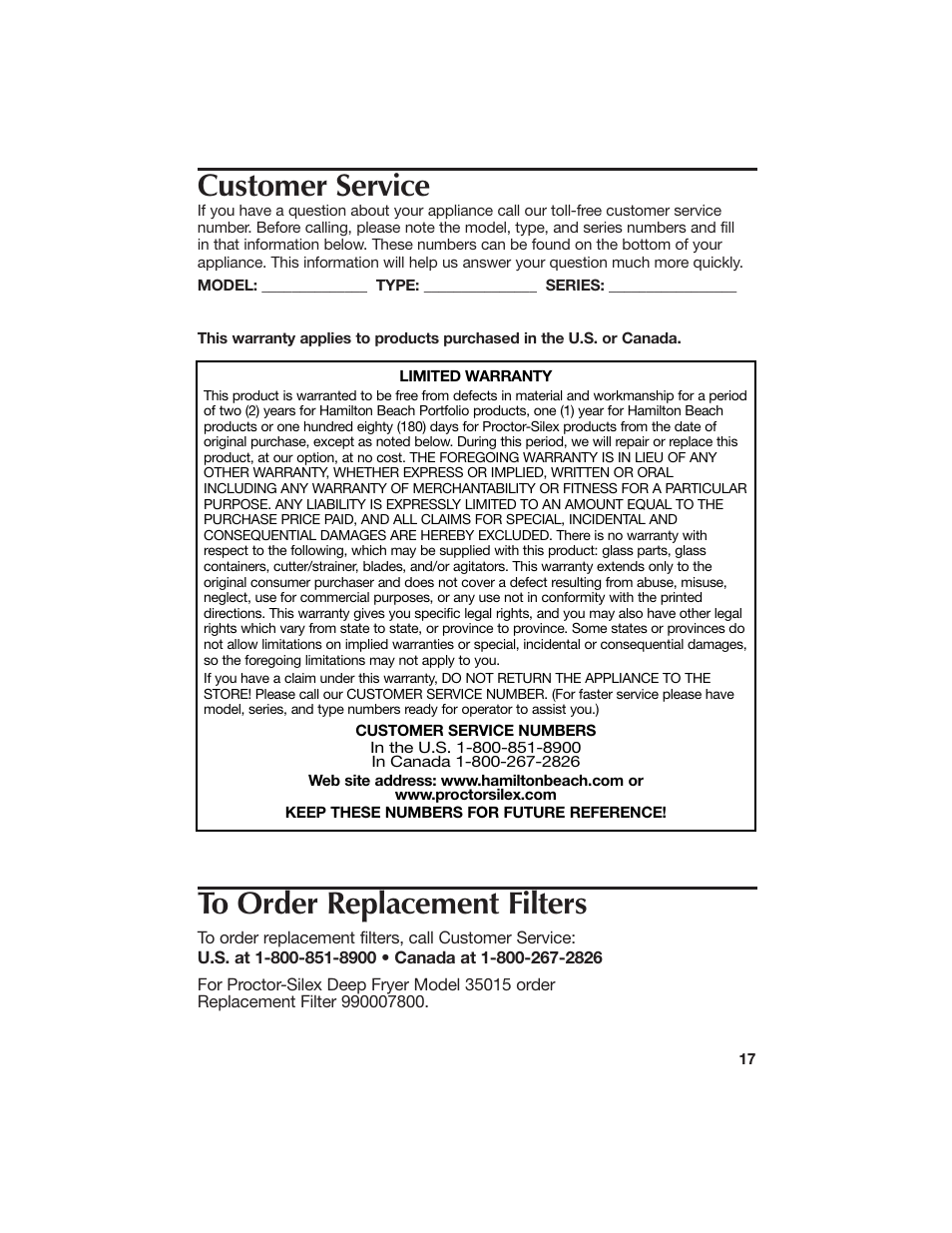 Customer service | Hamilton Beach 840113900 User Manual | Page 17 / 18