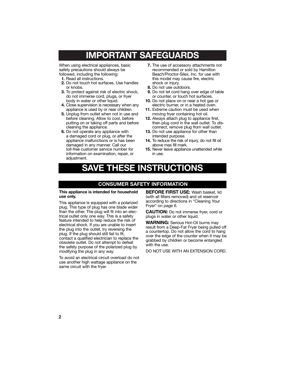 Important safeguards, Save these instructions | Hamilton Beach 840113900 User Manual | Page 2 / 18