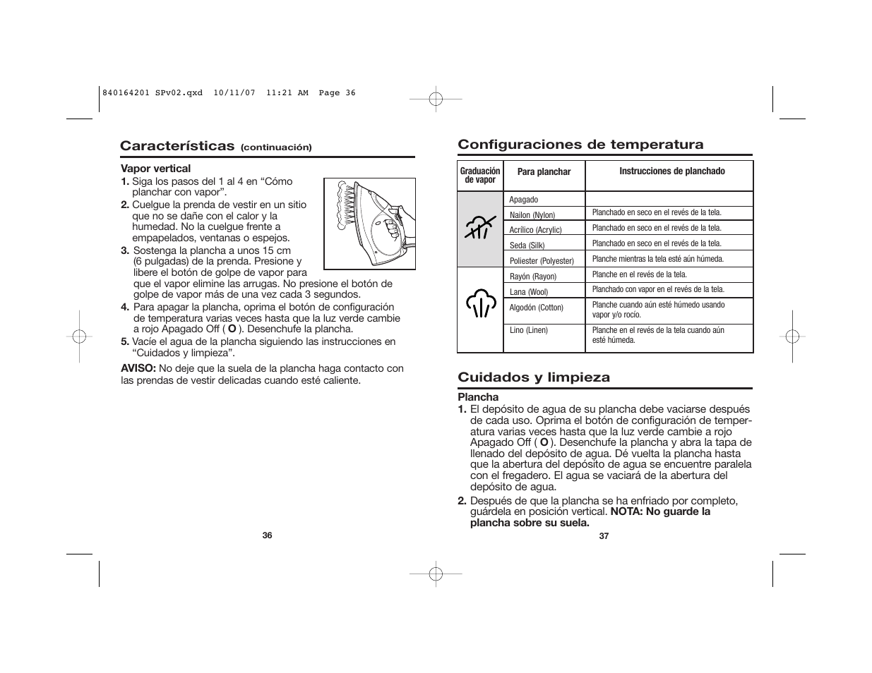 Cuidados y limpieza, Configuraciones de temperatura, Características | Hamilton Beach 840164201 User Manual | Page 20 / 24