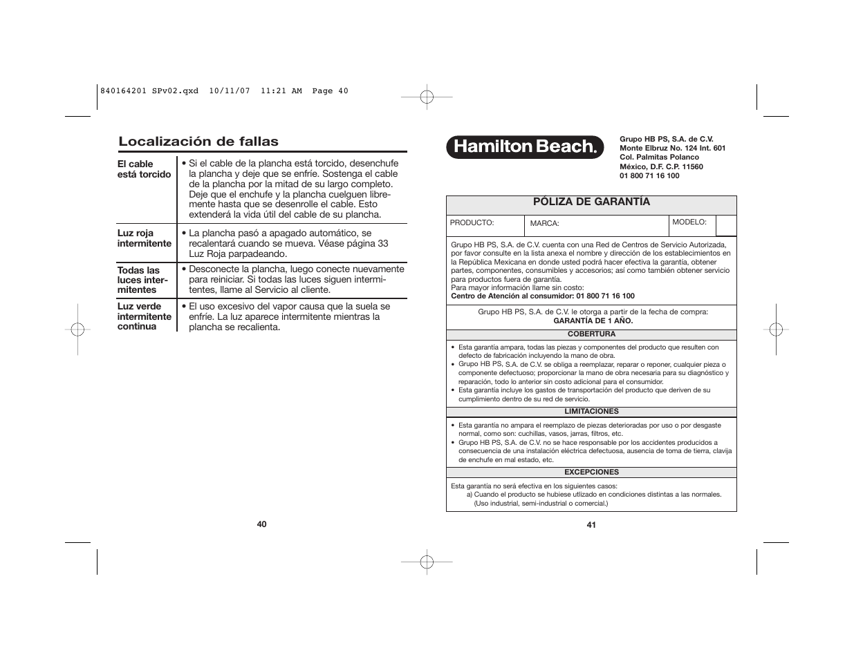 Localización de fallas | Hamilton Beach 840164201 User Manual | Page 22 / 24