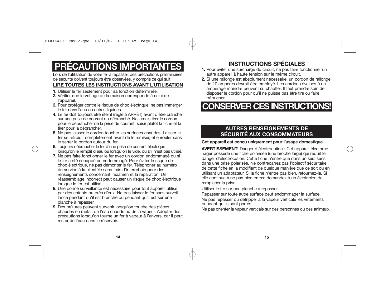 Précautions importantes, Conserver ces instructions | Hamilton Beach 840164201 User Manual | Page 8 / 24