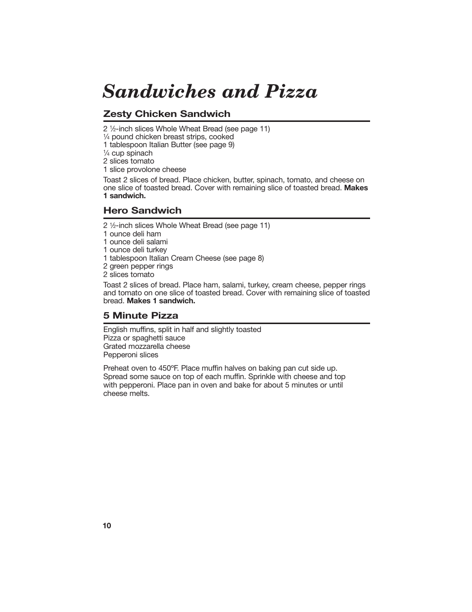 Sandwiches and pizza, Zesty chicken sandwich, Hero sandwich | 5 minute pizza | Hamilton Beach All-Metal Toaster User Manual | Page 10 / 16