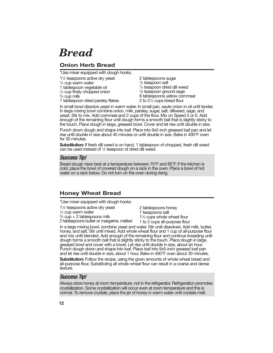 Bread, Success tip, Onion herb bread | Honey wheat bread | Hamilton Beach All-Metal Toaster User Manual | Page 12 / 16