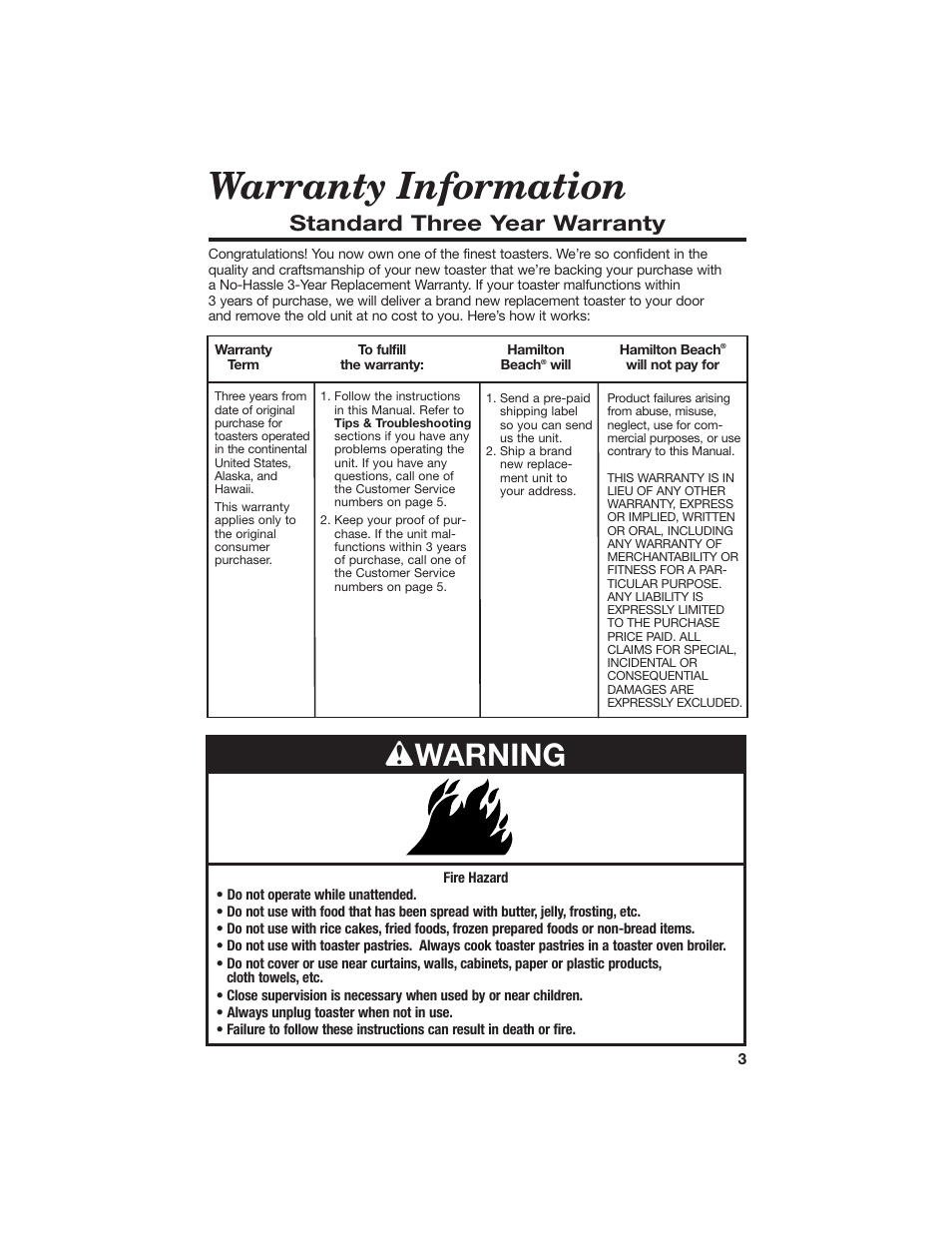 Warranty information, Wwarning, Standard three year warranty | Hamilton Beach All-Metal Toaster User Manual | Page 3 / 16