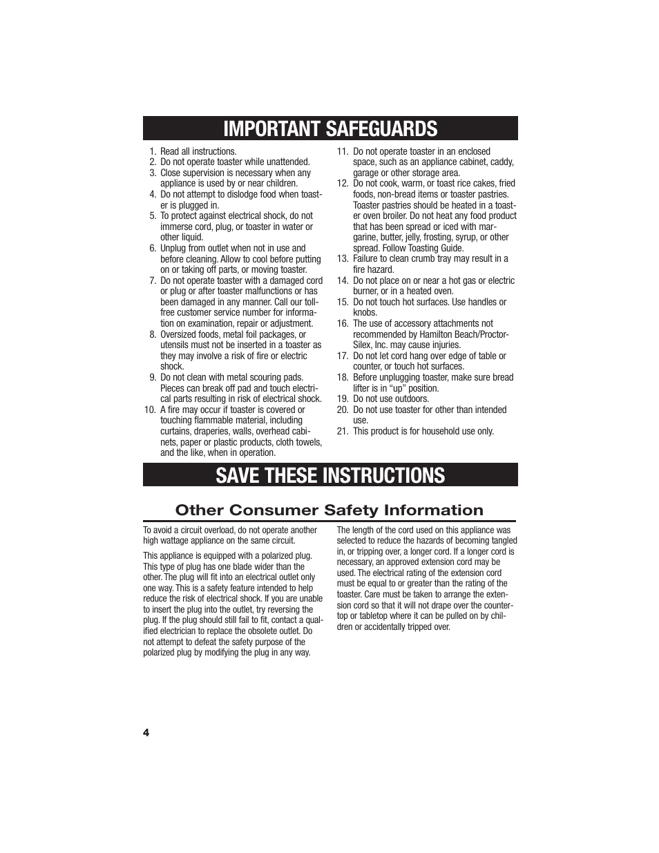 Important safeguards, Save these instructions, Other consumer safety information | Hamilton Beach All-Metal Toaster User Manual | Page 4 / 16