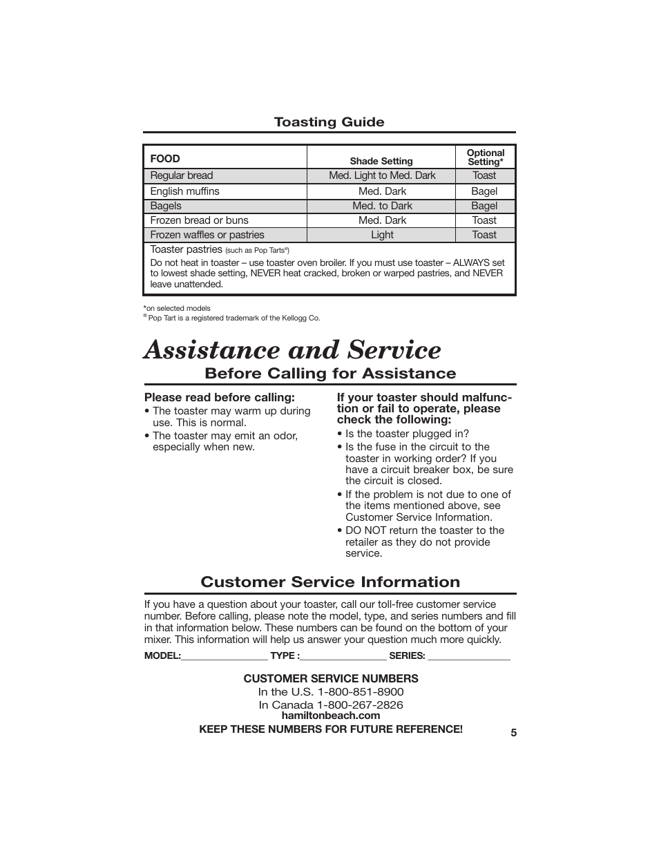 Assistance and service | Hamilton Beach All-Metal Toaster User Manual | Page 5 / 16