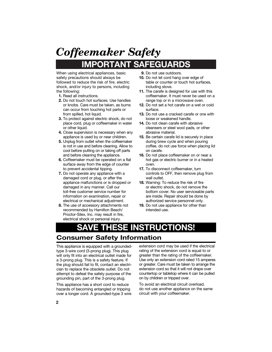 Coffeemaker safety, Important safeguards save these instructions, Consumer safety information | Hamilton Beach 840073500 User Manual | Page 2 / 8