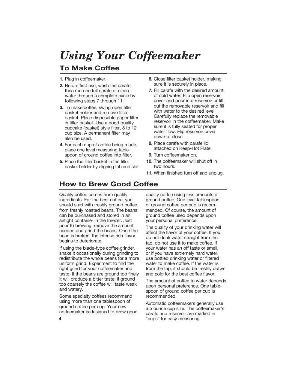 Using your coffeemaker, How to brew good coffee | Hamilton Beach 840073500 User Manual | Page 4 / 8