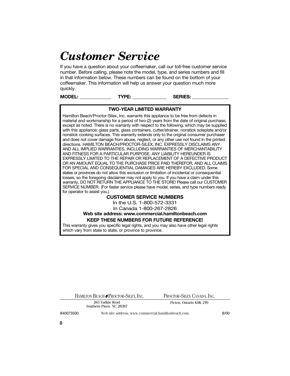 Customer service | Hamilton Beach 840073500 User Manual | Page 8 / 8