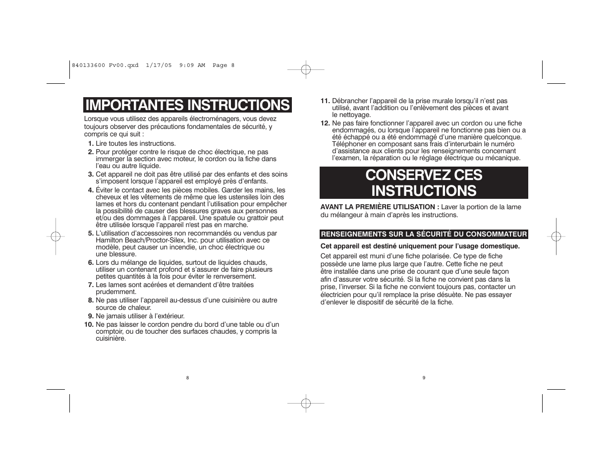 Conservez ces instructions, Importantes instructions | Hamilton Beach 59725 User Manual | Page 5 / 14