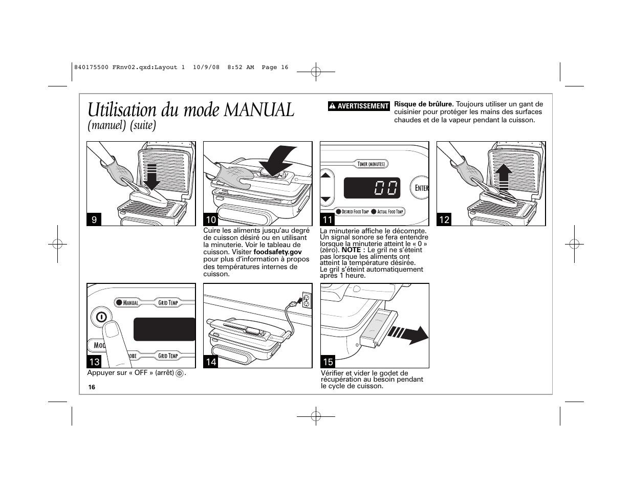 Utilisation du mode manual, Manuel) (suite) | Hamilton Beach Indoor Grill User Manual | Page 16 / 40