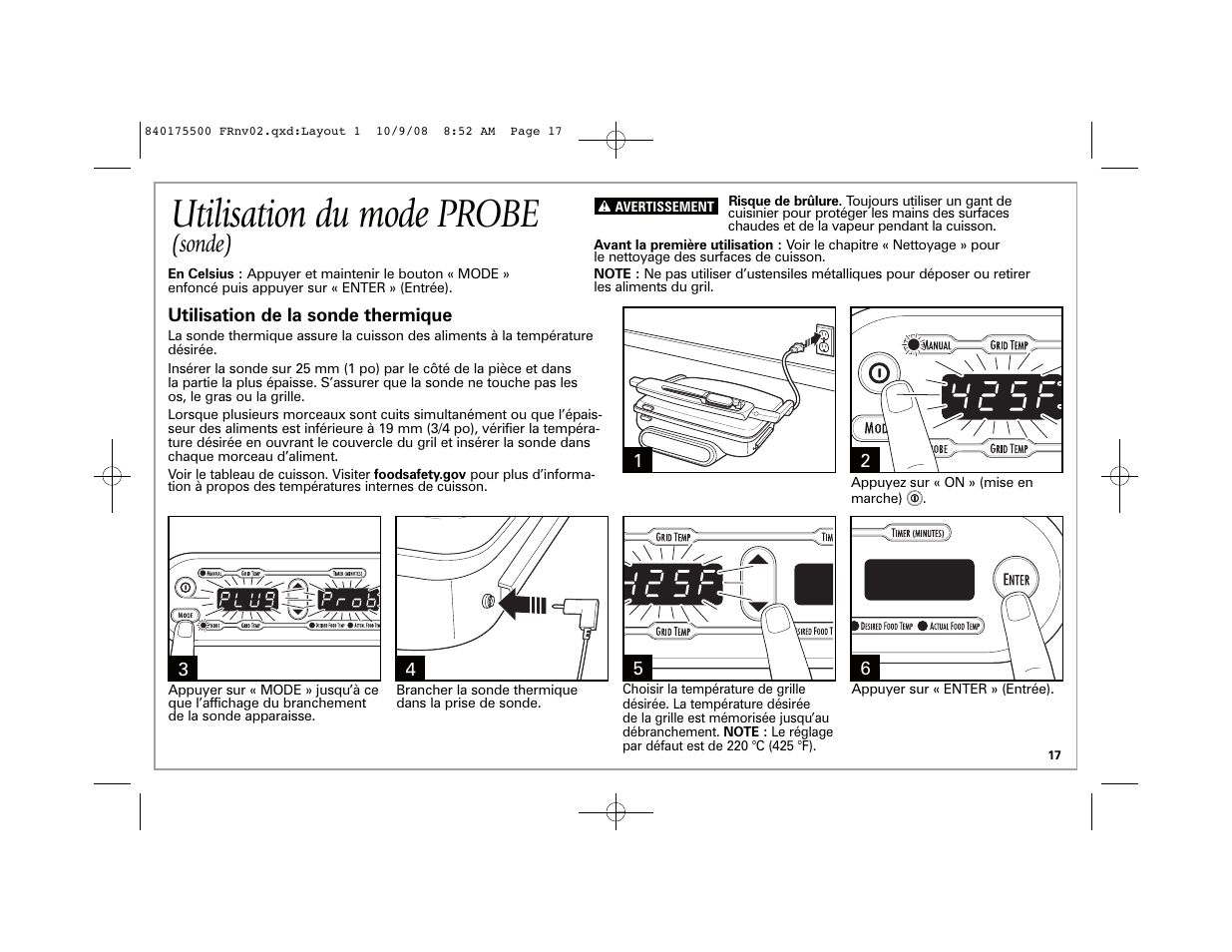 Utilisation du mode probe, Sonde) | Hamilton Beach Indoor Grill User Manual | Page 17 / 40