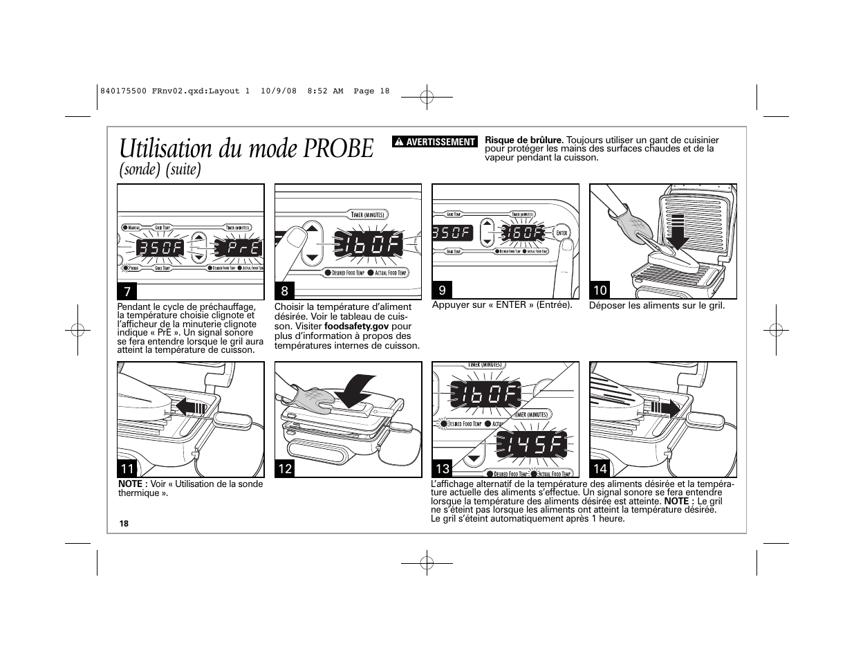 Utilisation du mode probe, Sonde) (suite) | Hamilton Beach Indoor Grill User Manual | Page 18 / 40