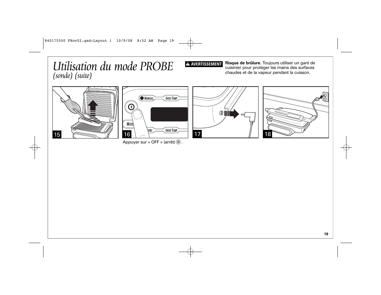 Utilisation du mode probe, Sonde) (suite) | Hamilton Beach Indoor Grill User Manual | Page 19 / 40